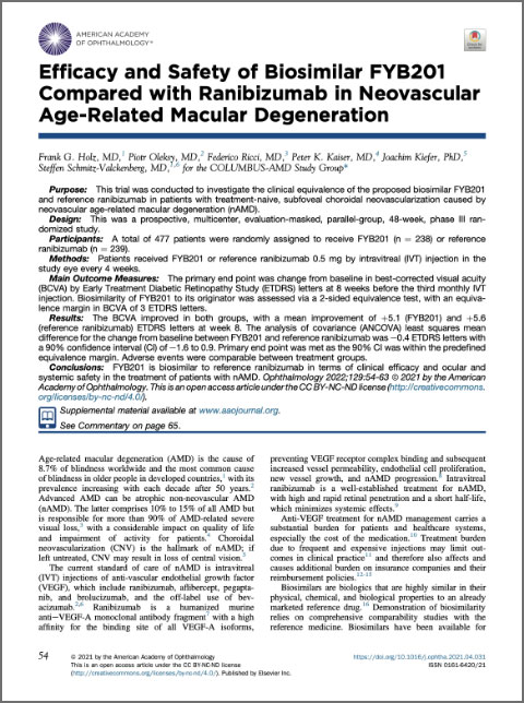 Efficacy and safety of biosimilar FYB201 compared with ranibizumab in neovascular age-related macular degeneration.